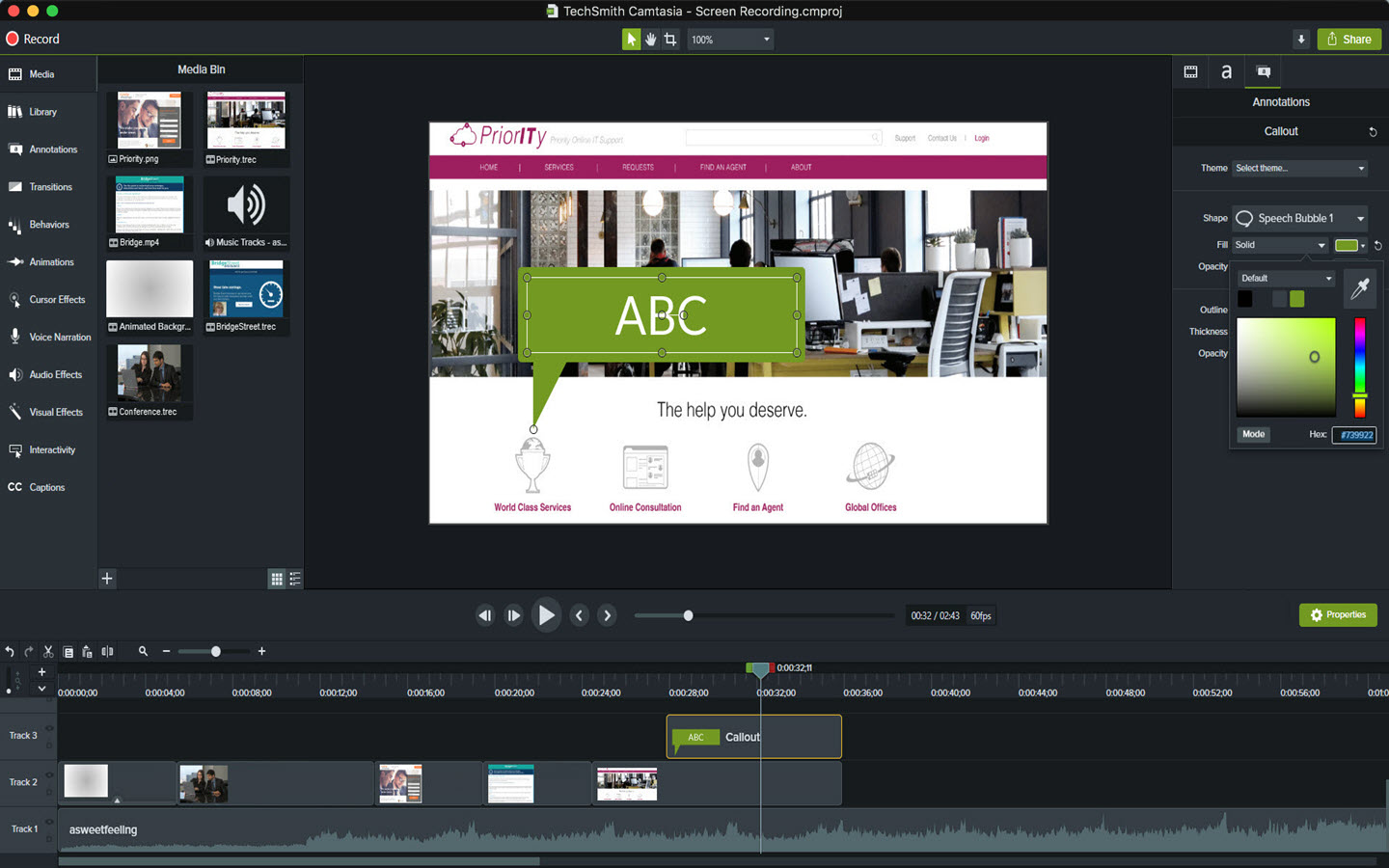 Camtasia callout selected on canvas and editing interface.