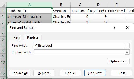 column A highlighted behind a Find and Replace box with @ilstu.edu in the Find field
