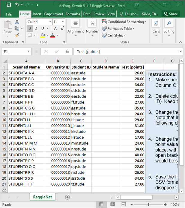 Sample of Scores for ReggieNet Excel File