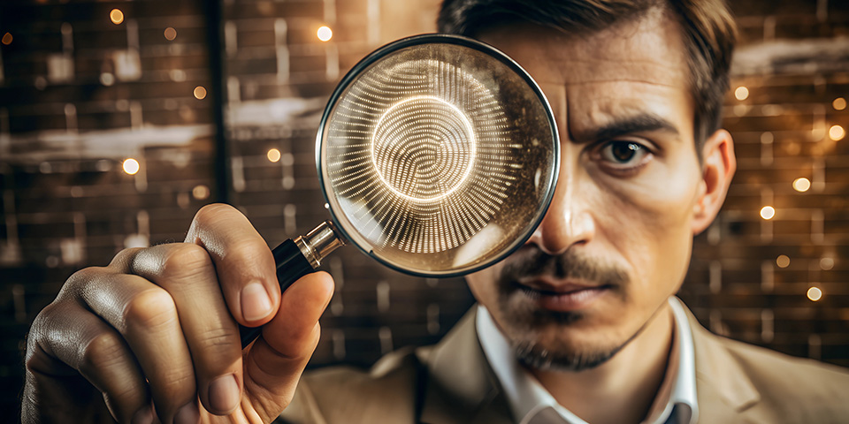 Man using a magnifying glass to find AI