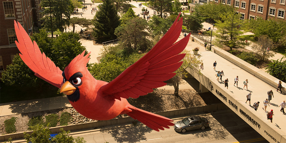 AI generated red bird above ISU campus