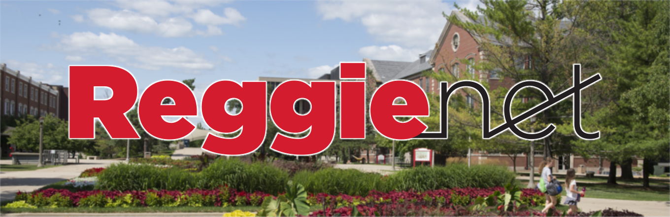 Stylized ReggieNet Logo over summer campus background