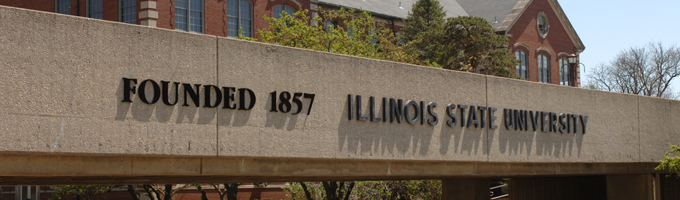 College Ave pedestrian bridge which reads: Founded 1857 Illinois State University