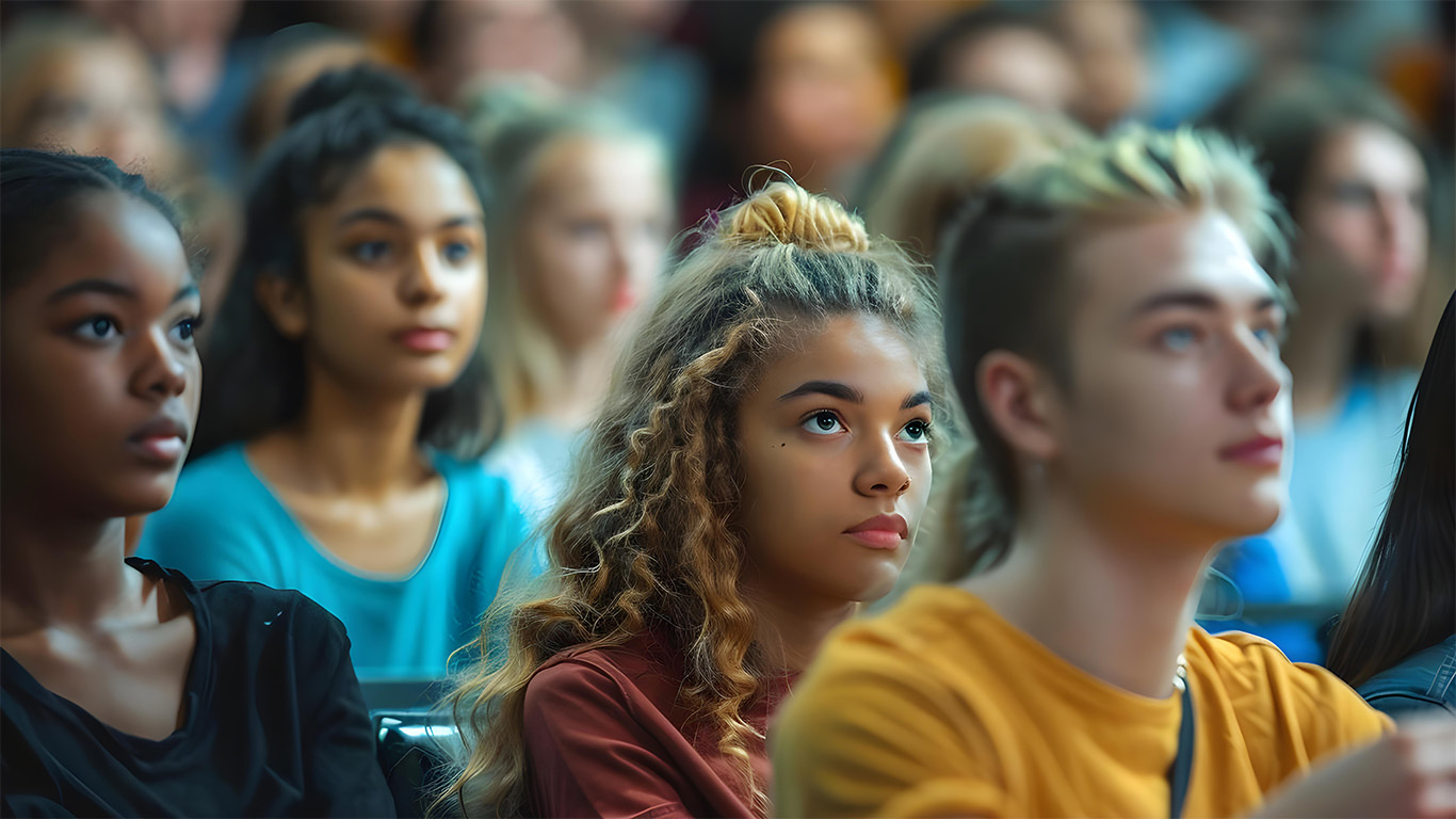 Students in a large lecture hall