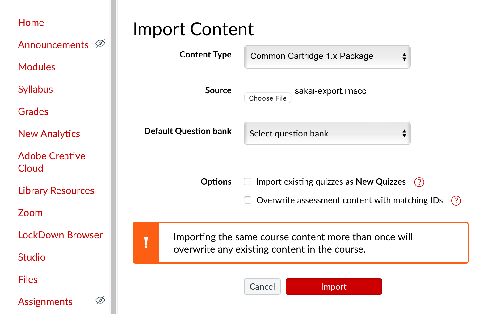 Import content window for Canvas
