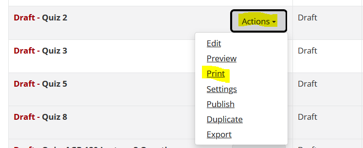 Drop down menu for available actions to download a PDF