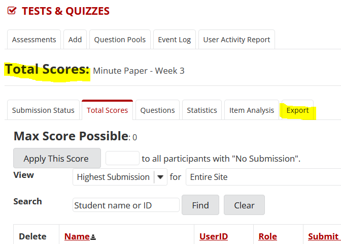 Tests and Quizzes total scores window