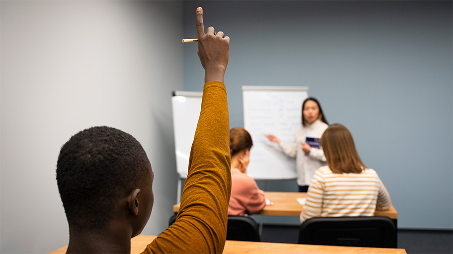 Student with a question in a classroom