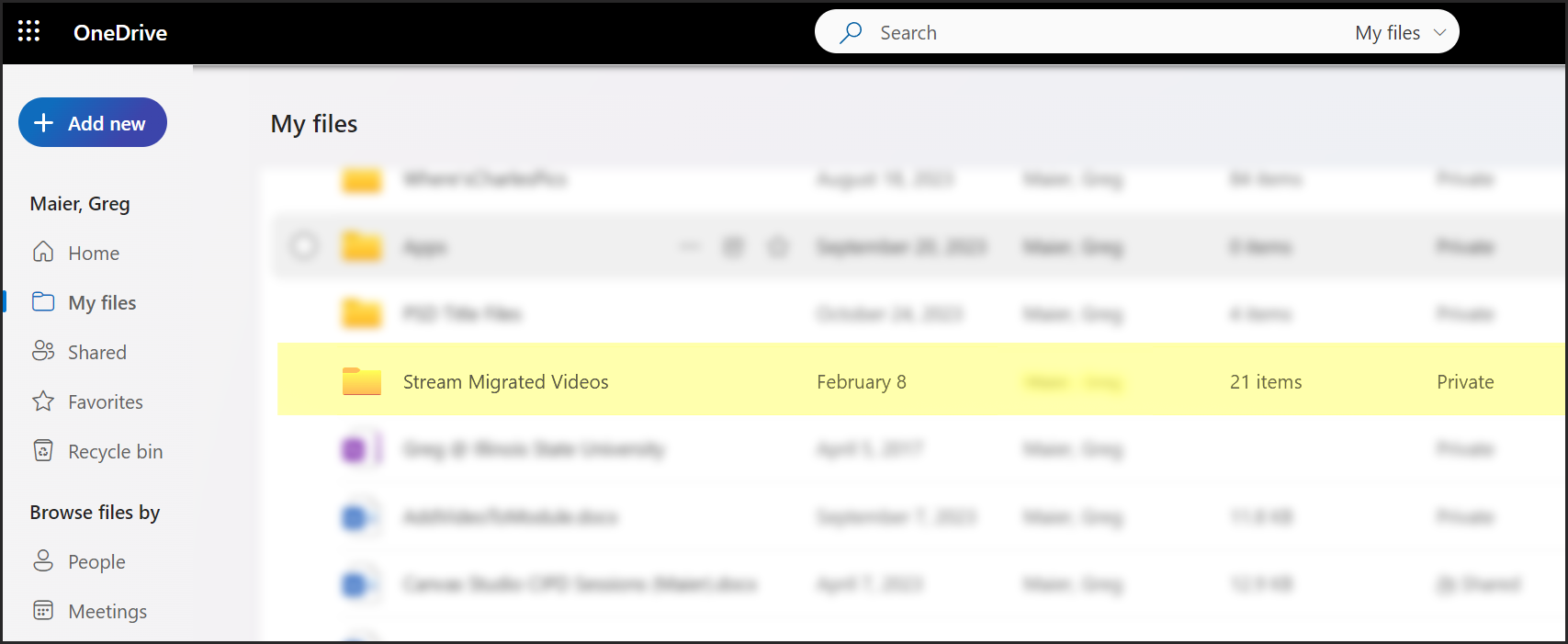 OneDrive SharePoint window where Stream videos can be found