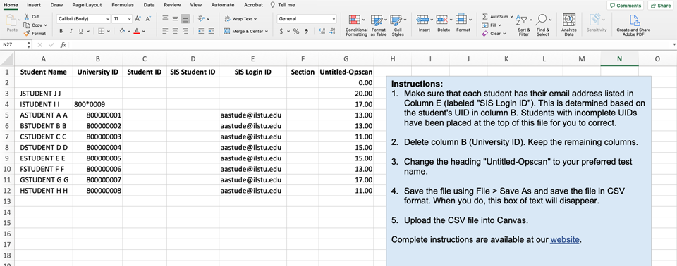 Excel spreadsheet with Canvas scores and directions