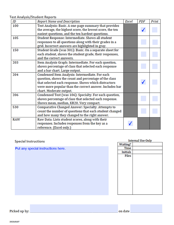 Active PDF cells on the back of the Opscan Job Request form