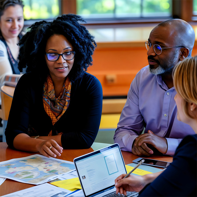 People having a discussion around a table.