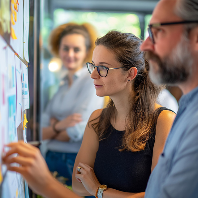 People standing in front of a whiteboard arranging post-it notes.