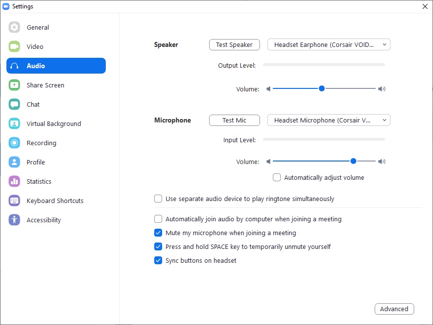 Audio settings screen in the Zoom desktop app