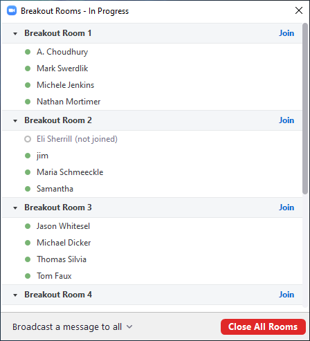 A breakout room screen showing rooms in progress