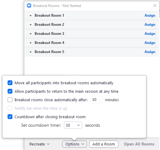 Breakout Rooms options